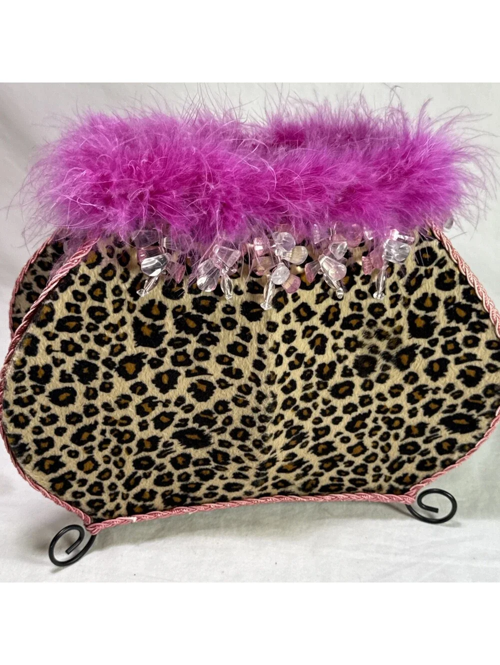 Animal Print Purse Clutch Table Lamp Dangle Beads Leopard Print Pink Faux Fur